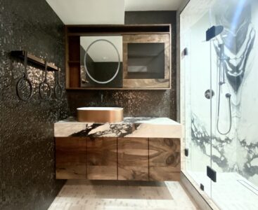 Bathroom design vanity and mirror and shower
