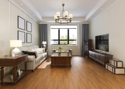 modern classic living room with chandelier