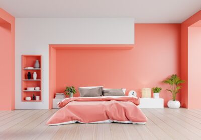 Living coral color bedroom of luxury house.